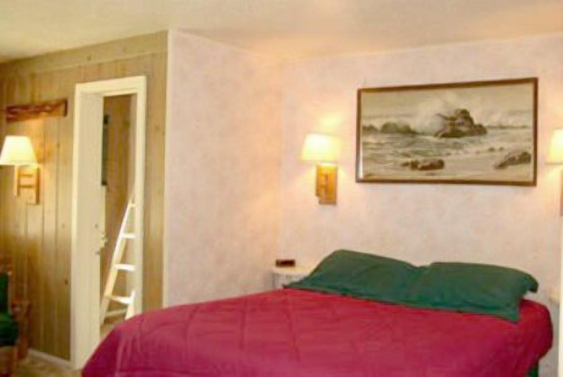 Un dormitorio con cama, una escalera, un cuadro y dos lámparas de pared.