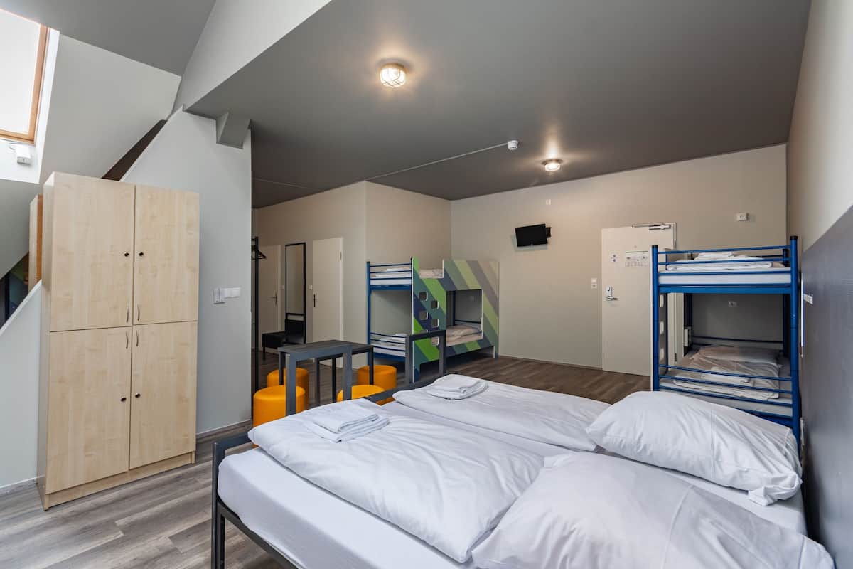 A dormitory room with bunk beds, a desk, and a wardrobe.