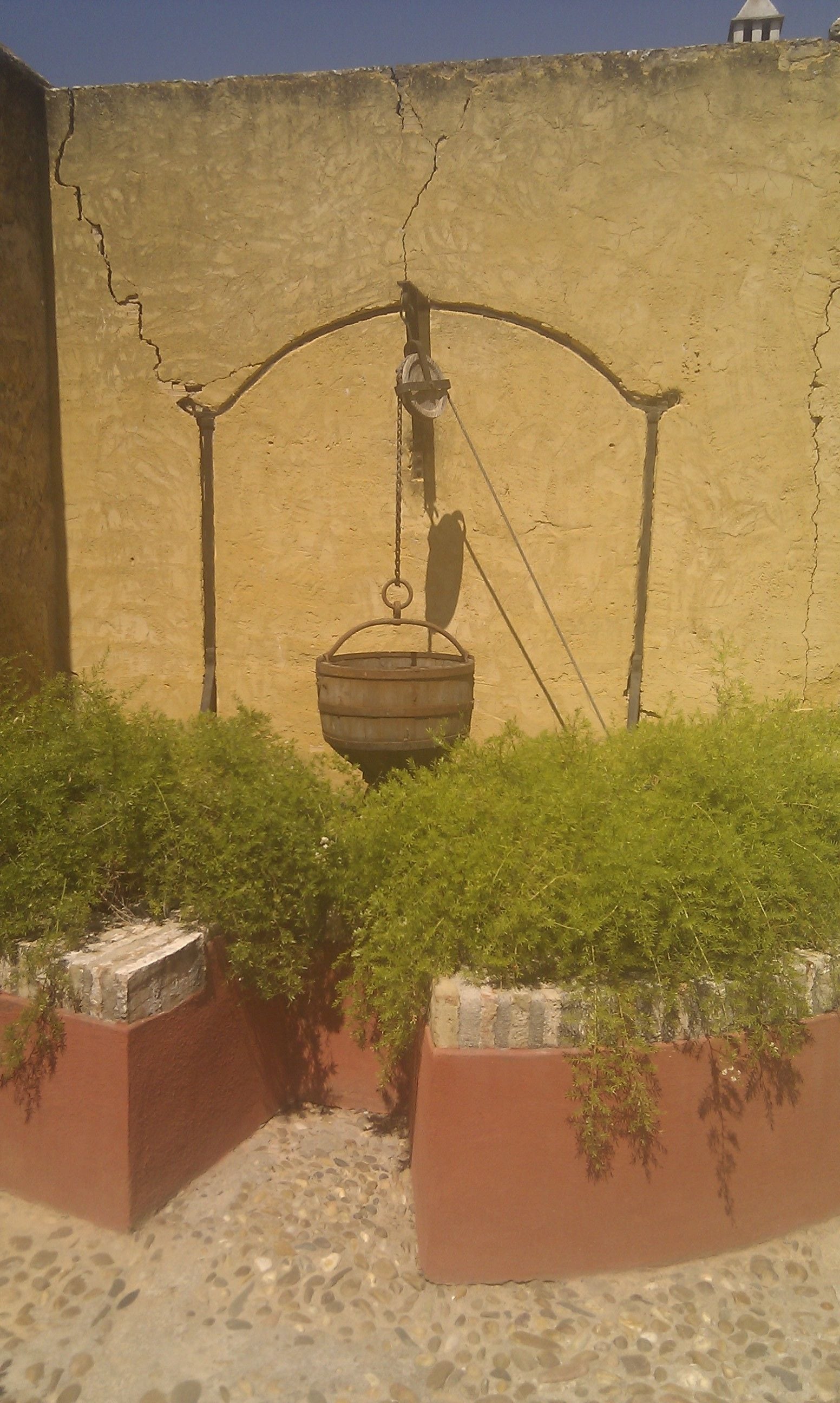 A rustic outdoor setting with a stone wall, a hanging wooden bucket, and green plants in planters.