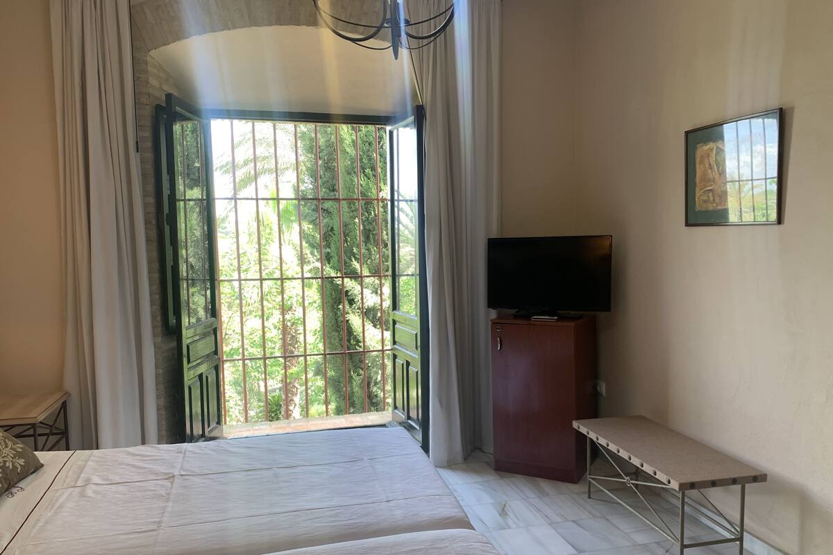 A room with a bed, a TV on a cabinet, and a view of greenery through a window.