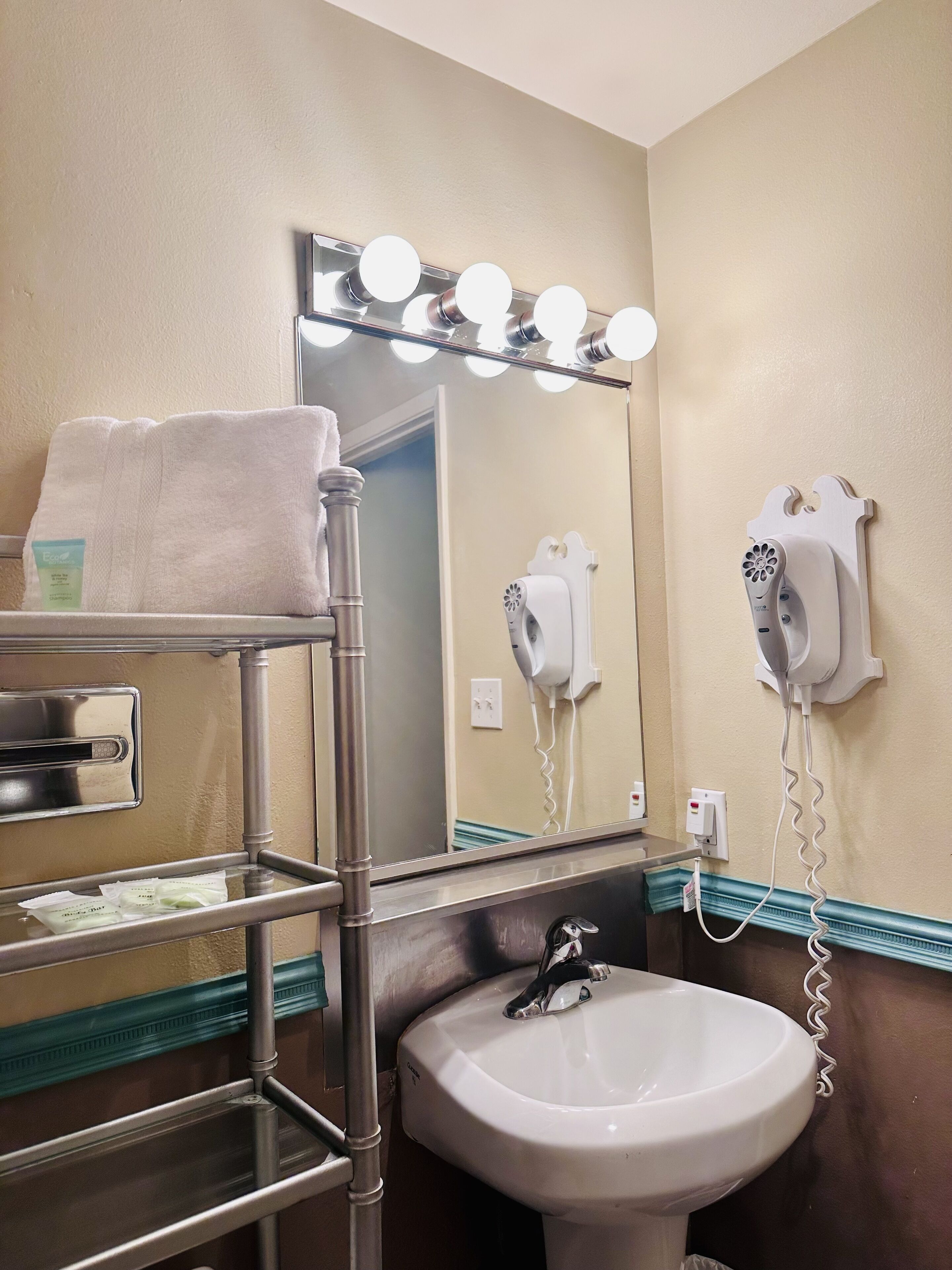 combined shower/bathtub, free toiletries, hair dryer, towels