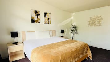 A hotel room with a large bed, two bedside tables, a nightstand, a wall-mounted lamp, a small potted plant, and two abstract art pieces.