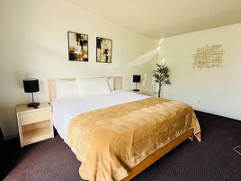 A hotel room with a large bed, two bedside tables, a nightstand, a wall-mounted lamp, a small potted plant, and two abstract art pieces.