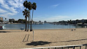 A beach with a clear view of the water, palm trees, and boats.