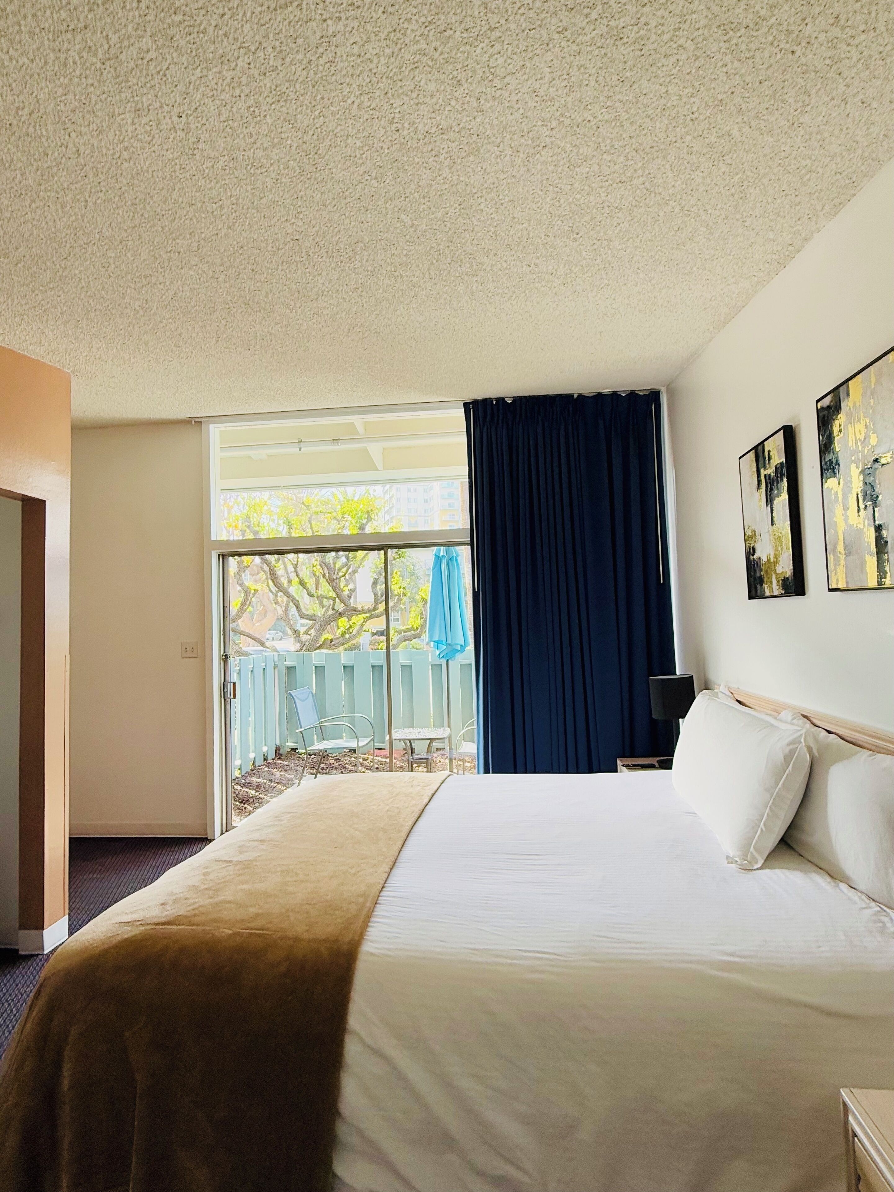 economy room, 1 king bed, patio, garden view | down duvets, individually decorated, desk, laptop workspace