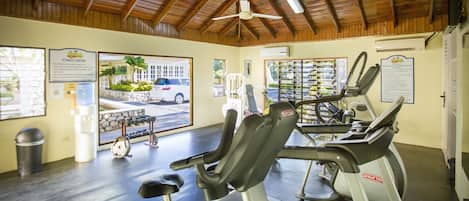 A gym with treadmills, a ceiling fan, and a view of the outside.