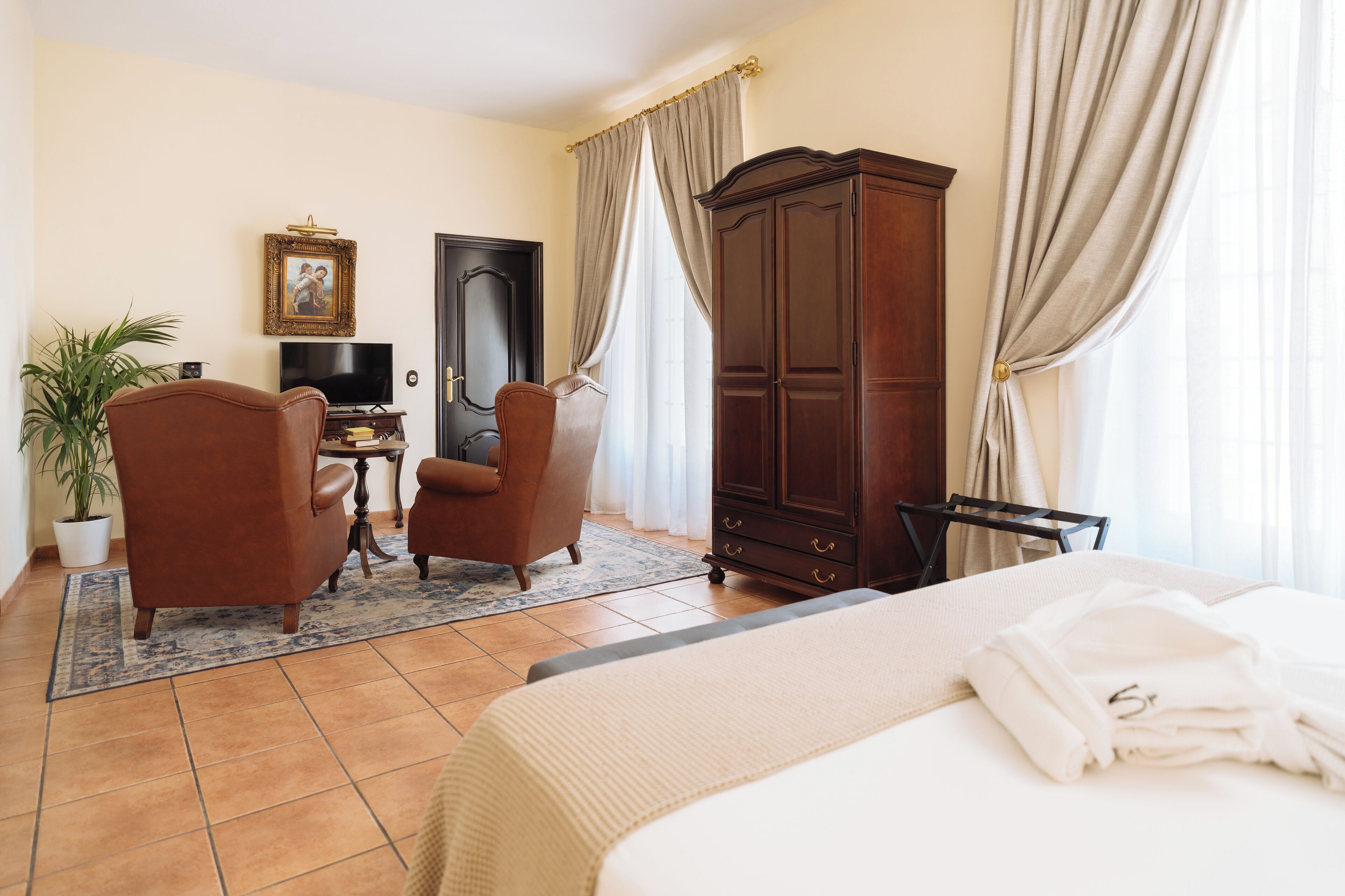 Habitación de hotel con cama, escritorio, silla, armario, televisor y una planta en maceta.