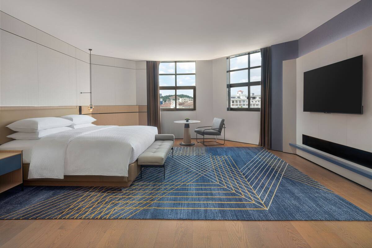 Une chambre d’hôtel moderne avec un grand lit, une télévision, une petite table et une vue sur la ville.