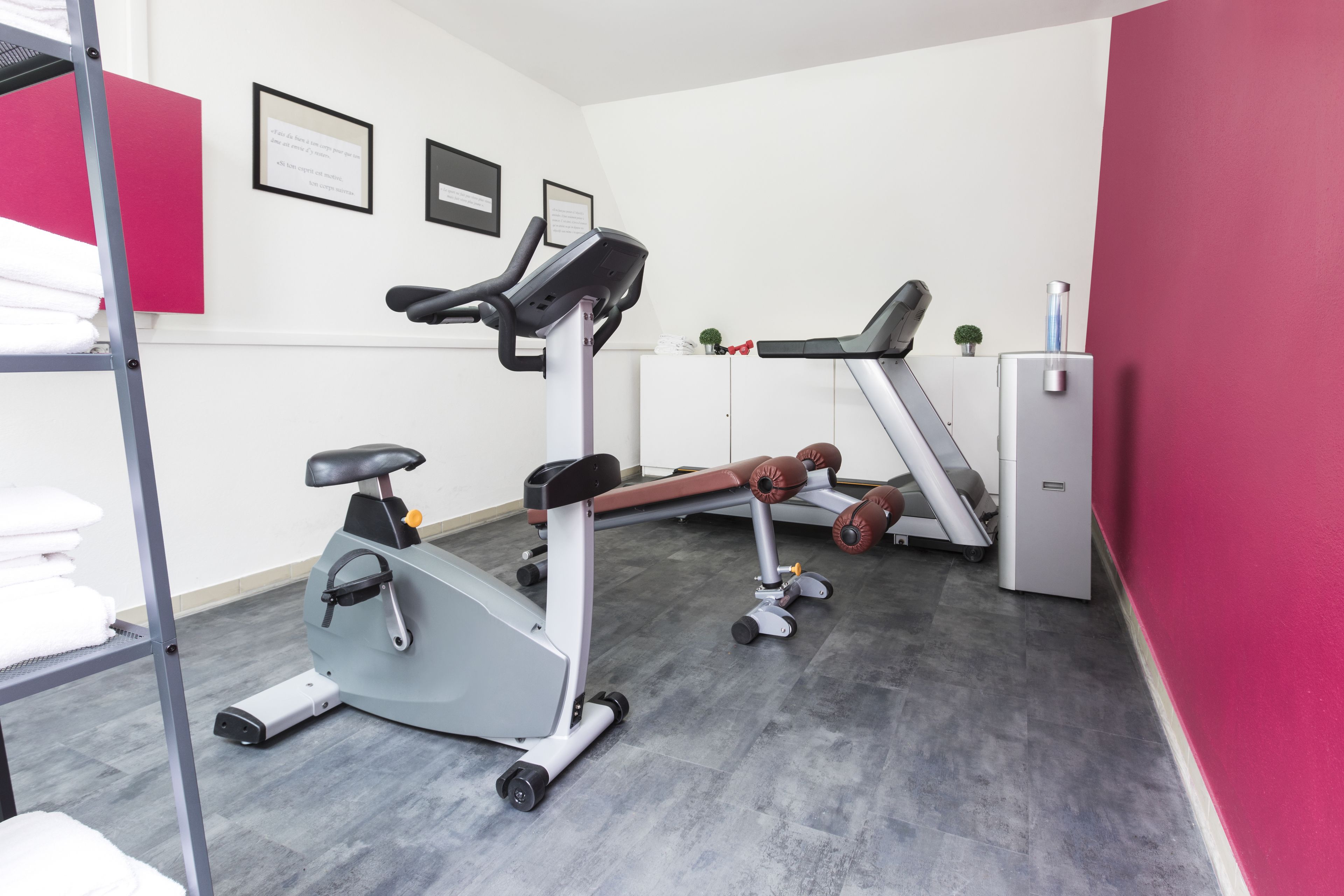 A gym with exercise equipment, a treadmill, and a small refrigerator.