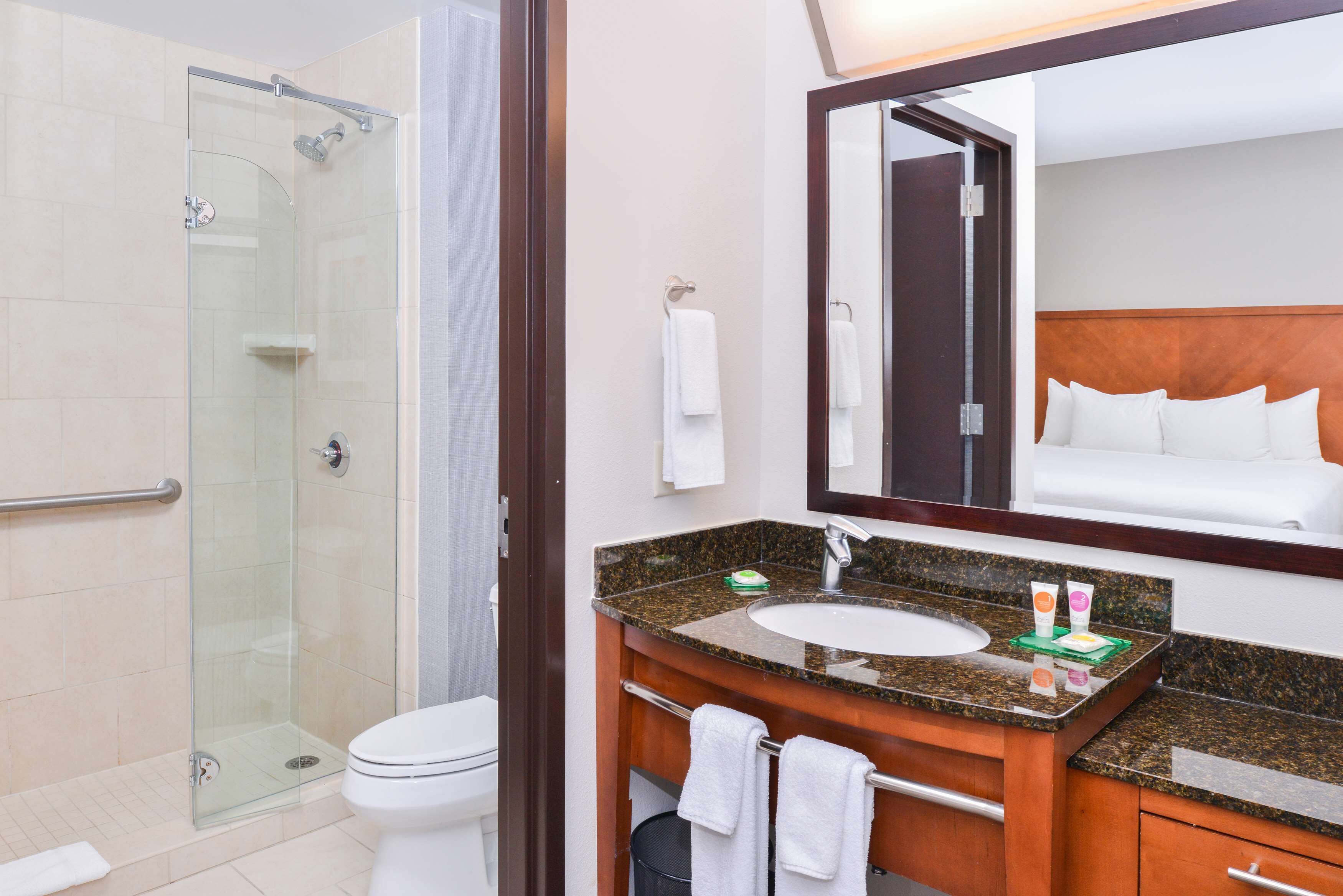 combined shower/bathtub, designer toiletries, hair dryer, towels