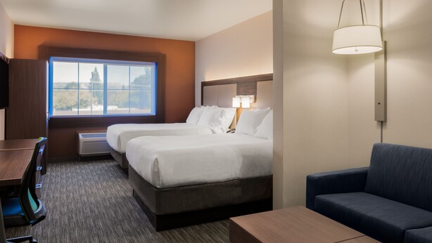 A hotel room with two beds, a desk, a chair, a sofa, and a window with a view.