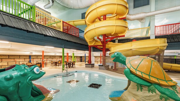 Parque acuático interior con tobogán, piscina con estructuras de juego de ranas y tortugas, y zona de descanso.