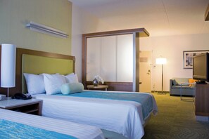 Down duvets, desk, laptop workspace, blackout curtains