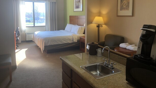 Une chambre d’hôtel avec un lit, un bureau doté d’une machine à café, un lavabo et une vue sur l’extérieur.