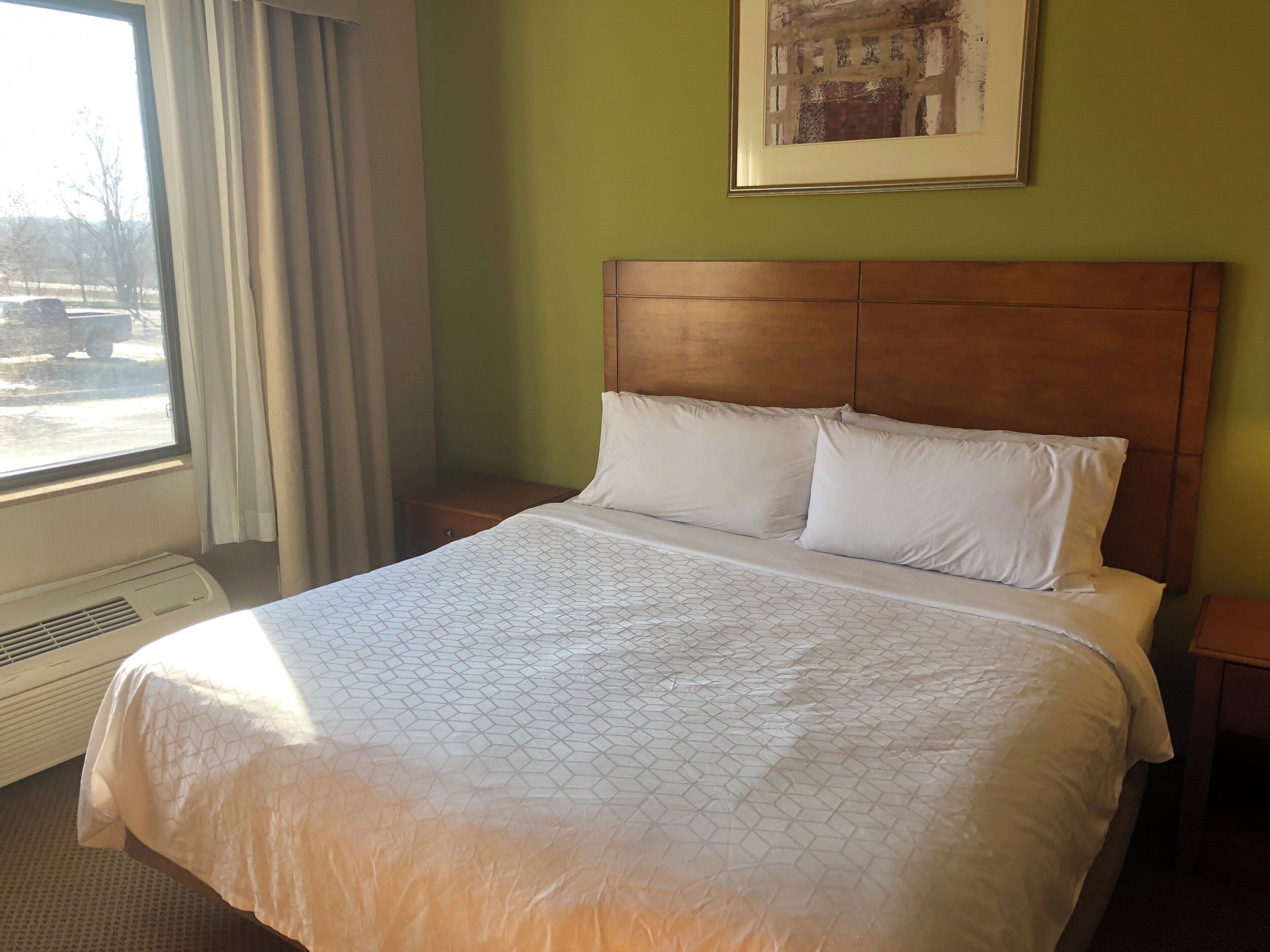 Une chambre d’hôtel avec un grand lit, une tête de lit, une fenêtre avec des rideaux, un radiateur et un tableau encadré au mur.