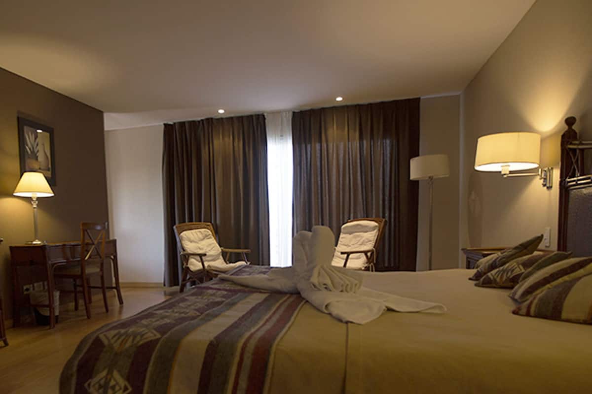 Ein Hotelzimmer mit einem Bett, zwei Stühlen, einem Fernseher, einem Schminktisch und einer Lampe.