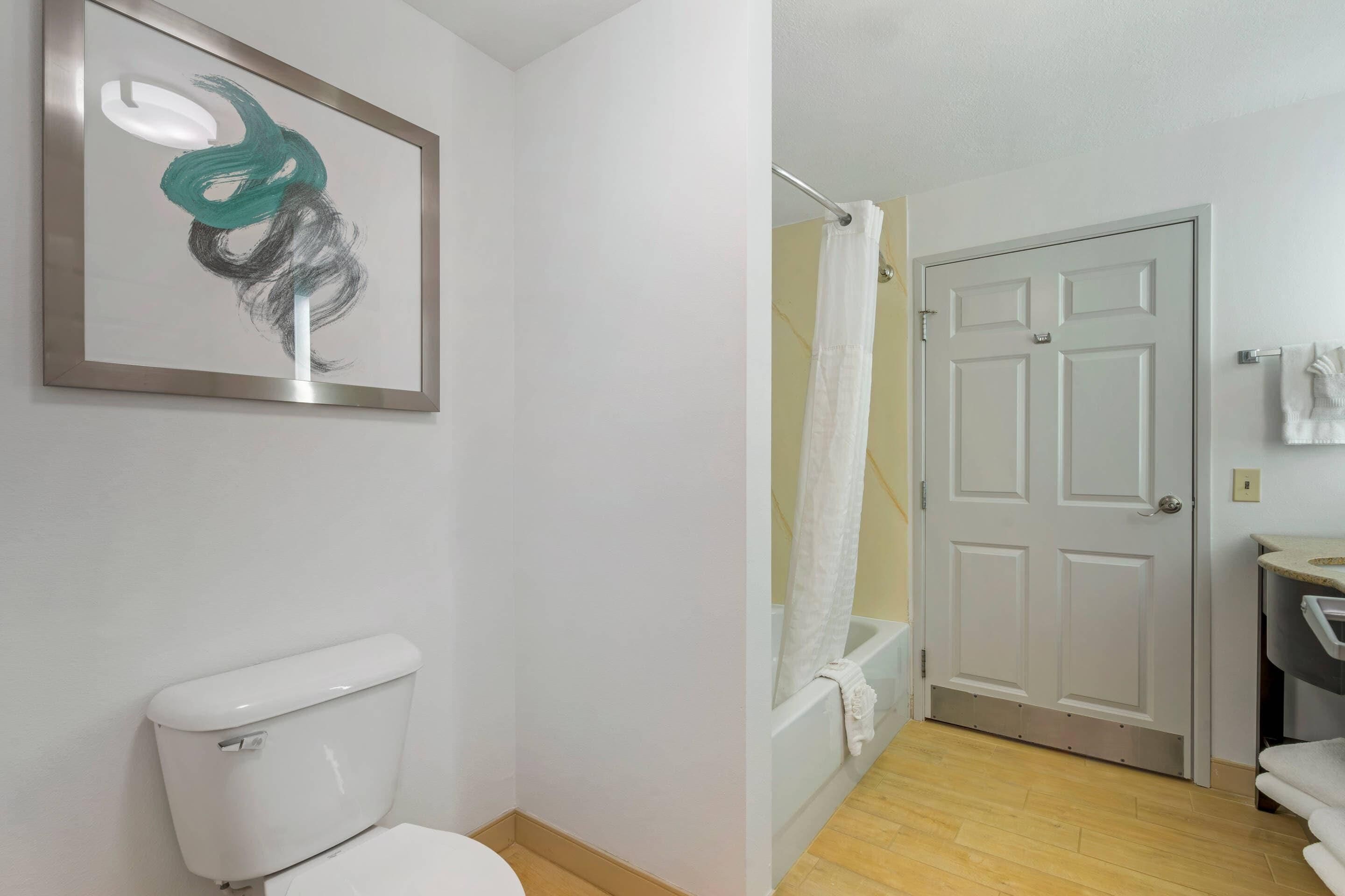 A bathroom with a toilet, a shower curtain, and a door.