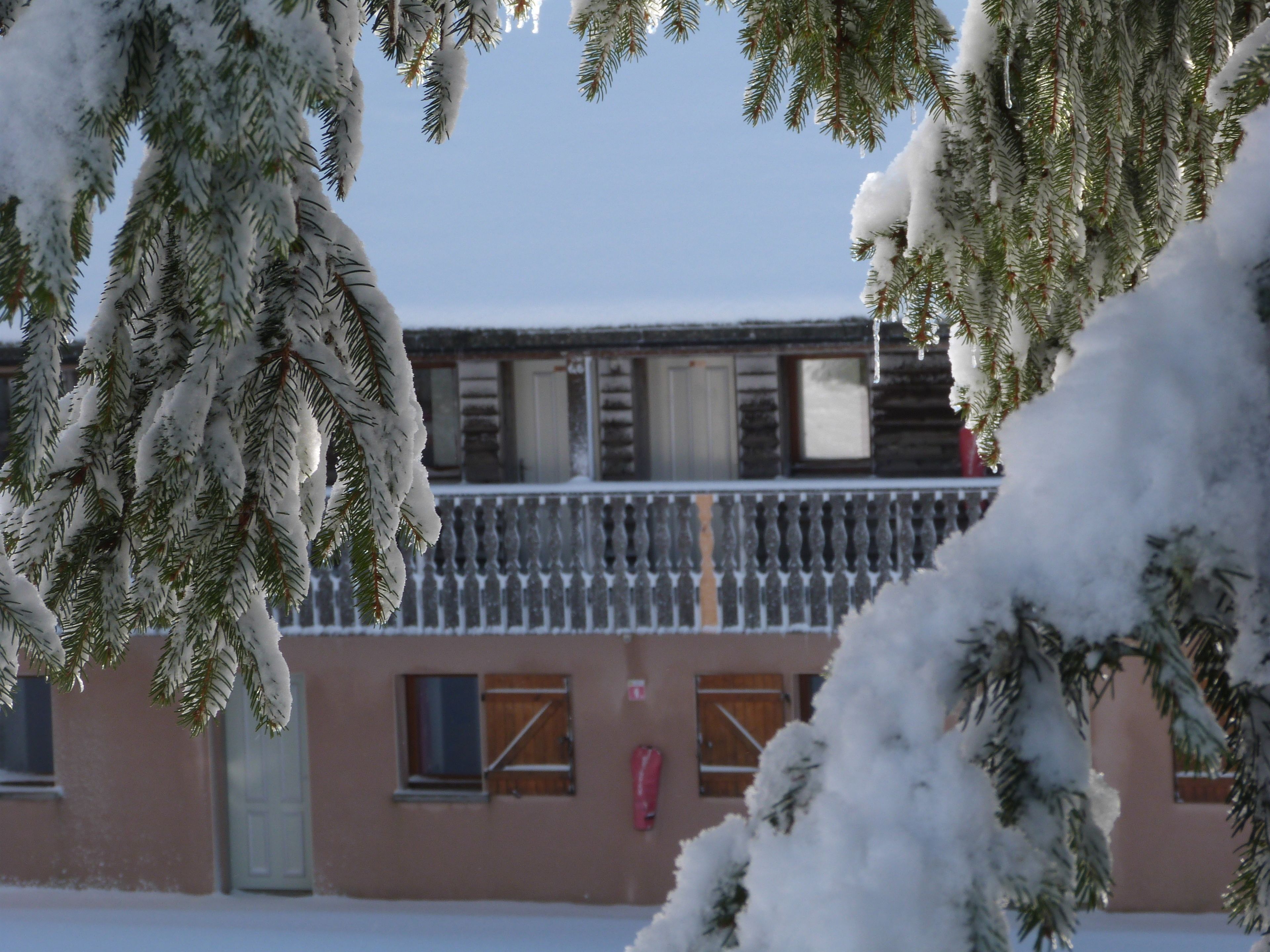A building with a balcony and snow-covered trees.