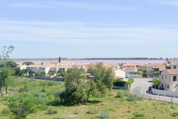 A residential area with houses, a road, and a body of water in the background.