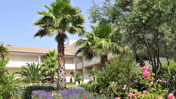 A hotel with a garden featuring palm trees, lavender, and pink flowers. - Résidence Residhotel Le Mayflower (Le Grau-Du-Roi)