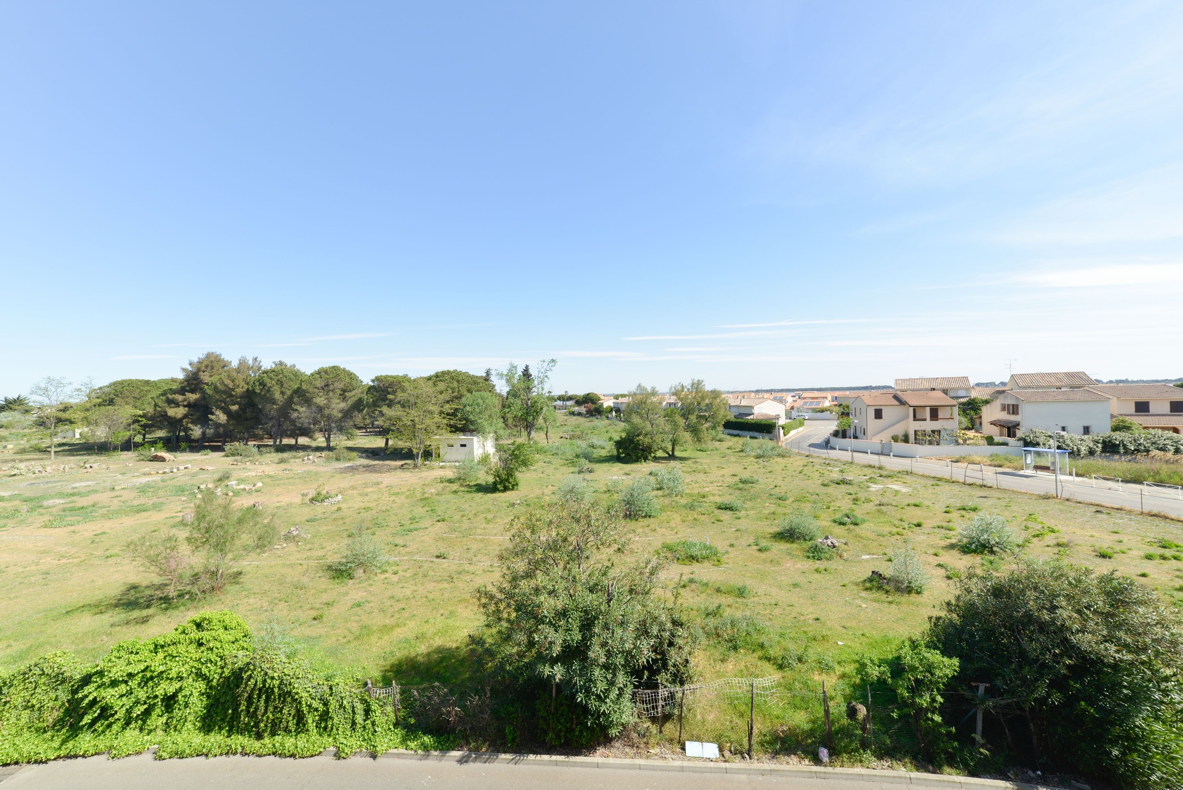 A residential area with houses, a road, and a grassy field.