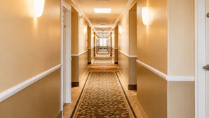 A hotel hallway with a carpeted floor, doors on both sides, and wall-mounted lights.