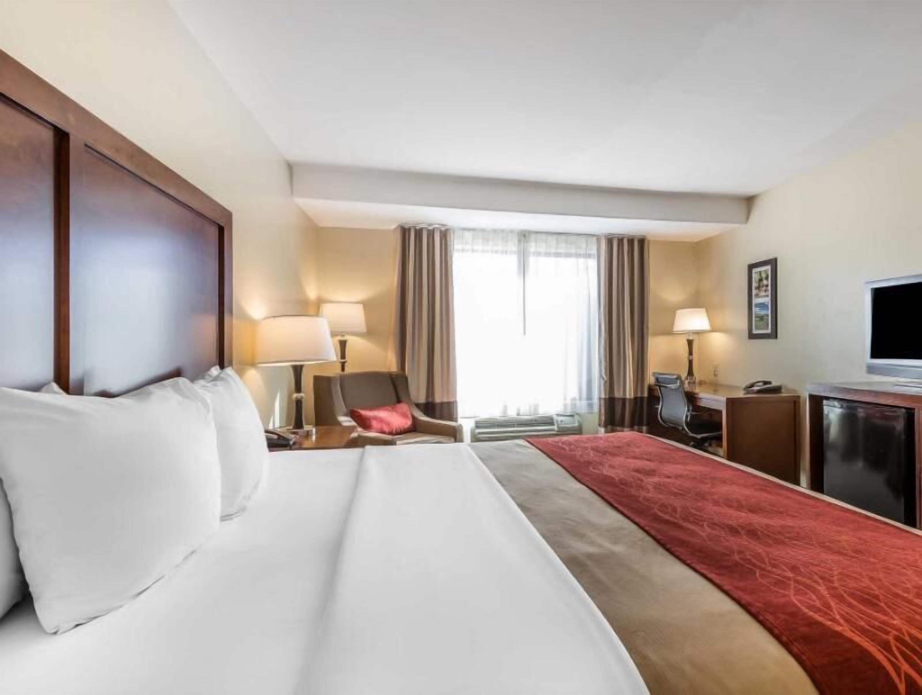 Premium bedding, desk, laptop workspace, blackout drapes