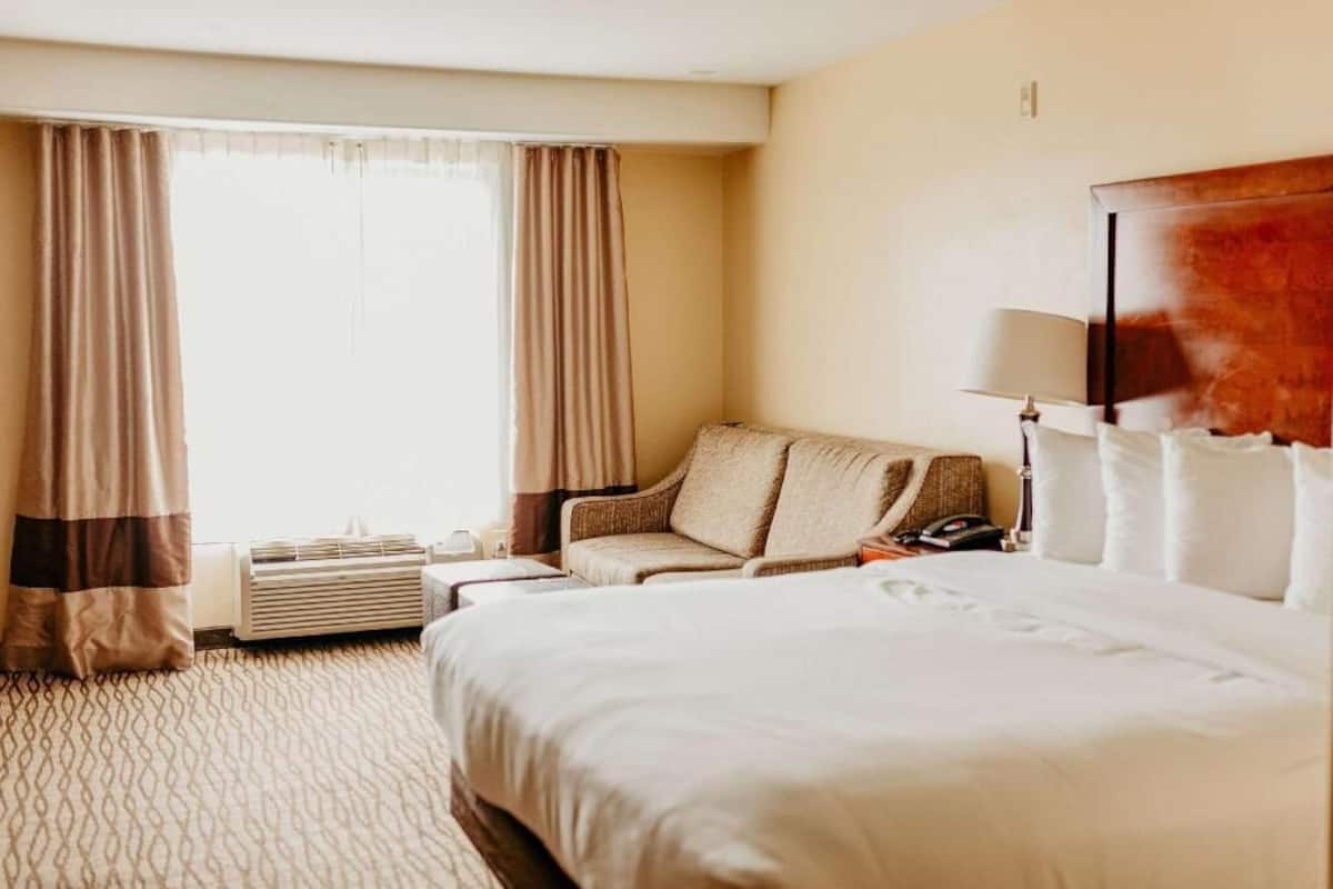 Premium bedding, desk, laptop workspace, blackout drapes