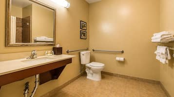 A hotel bathroom with a sink, toilet, and handrails.