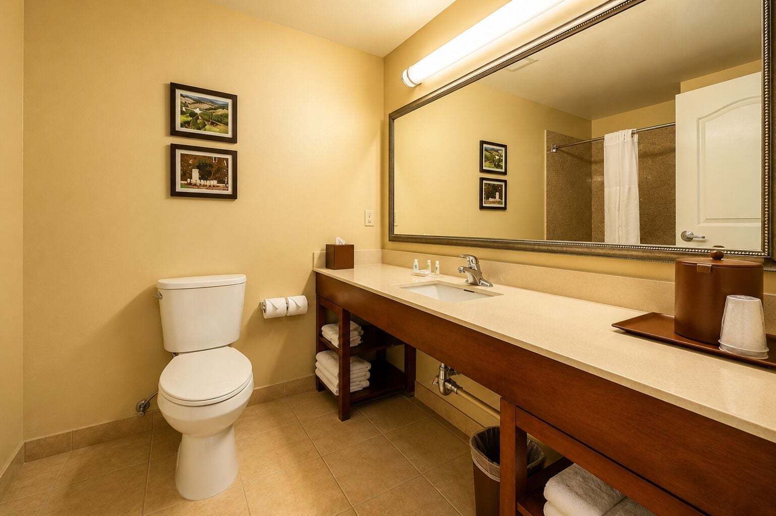 Combined shower/tub, free toiletries, hair dryer, towels