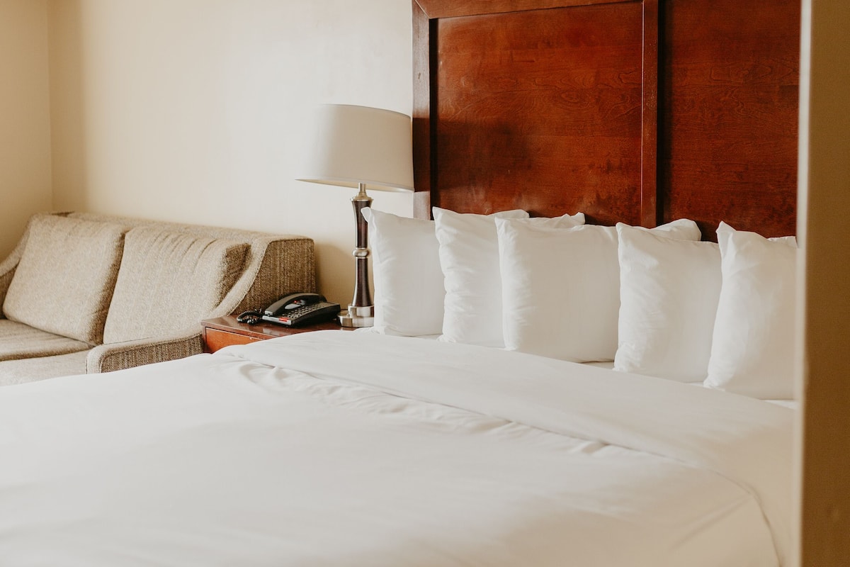A hotel room with a large bed, a wooden headboard, a bedside table with a lamp, and a sofa with cushions.