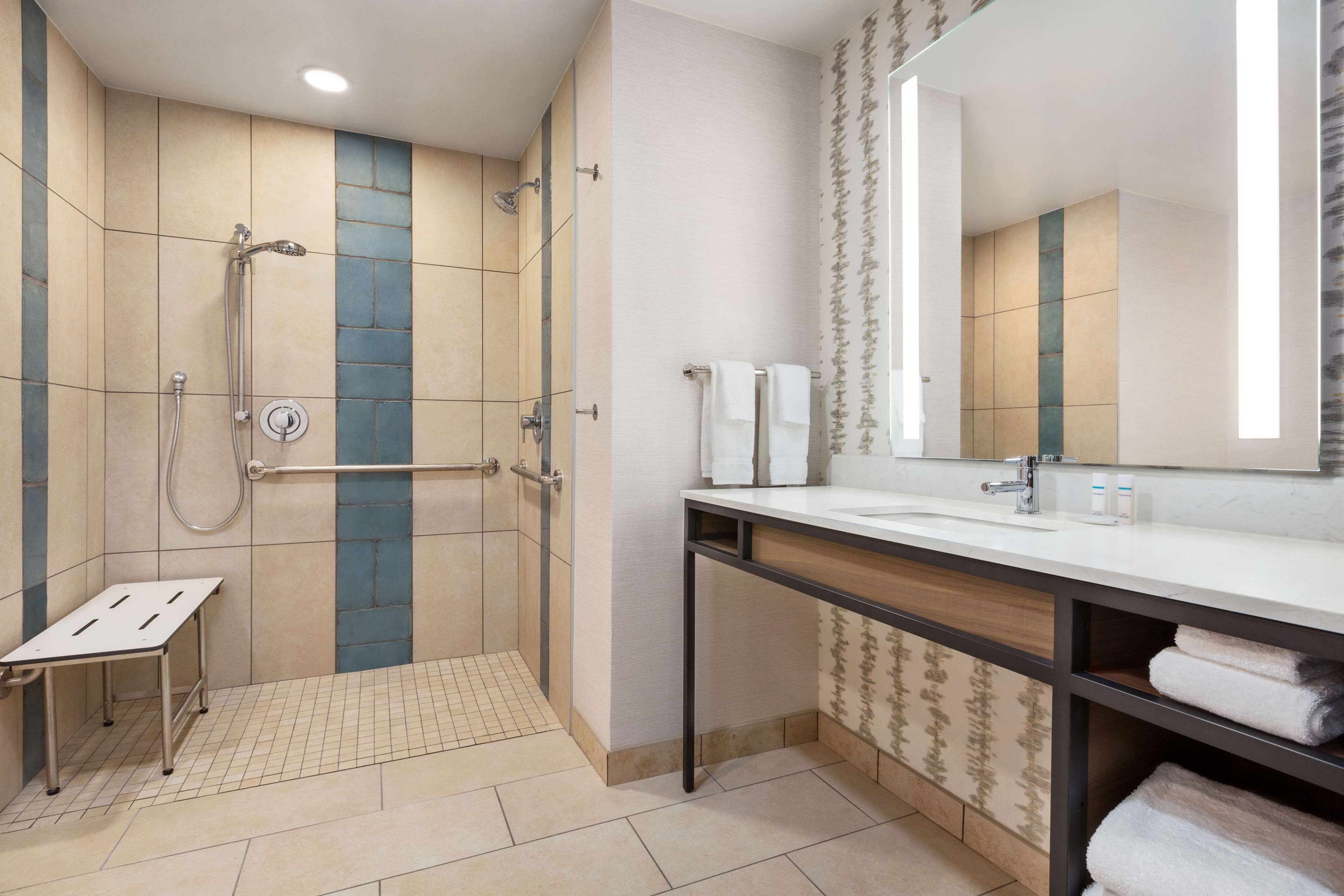 king suite, mobility & hearing accessible with roll-in shower | bathroom shower
