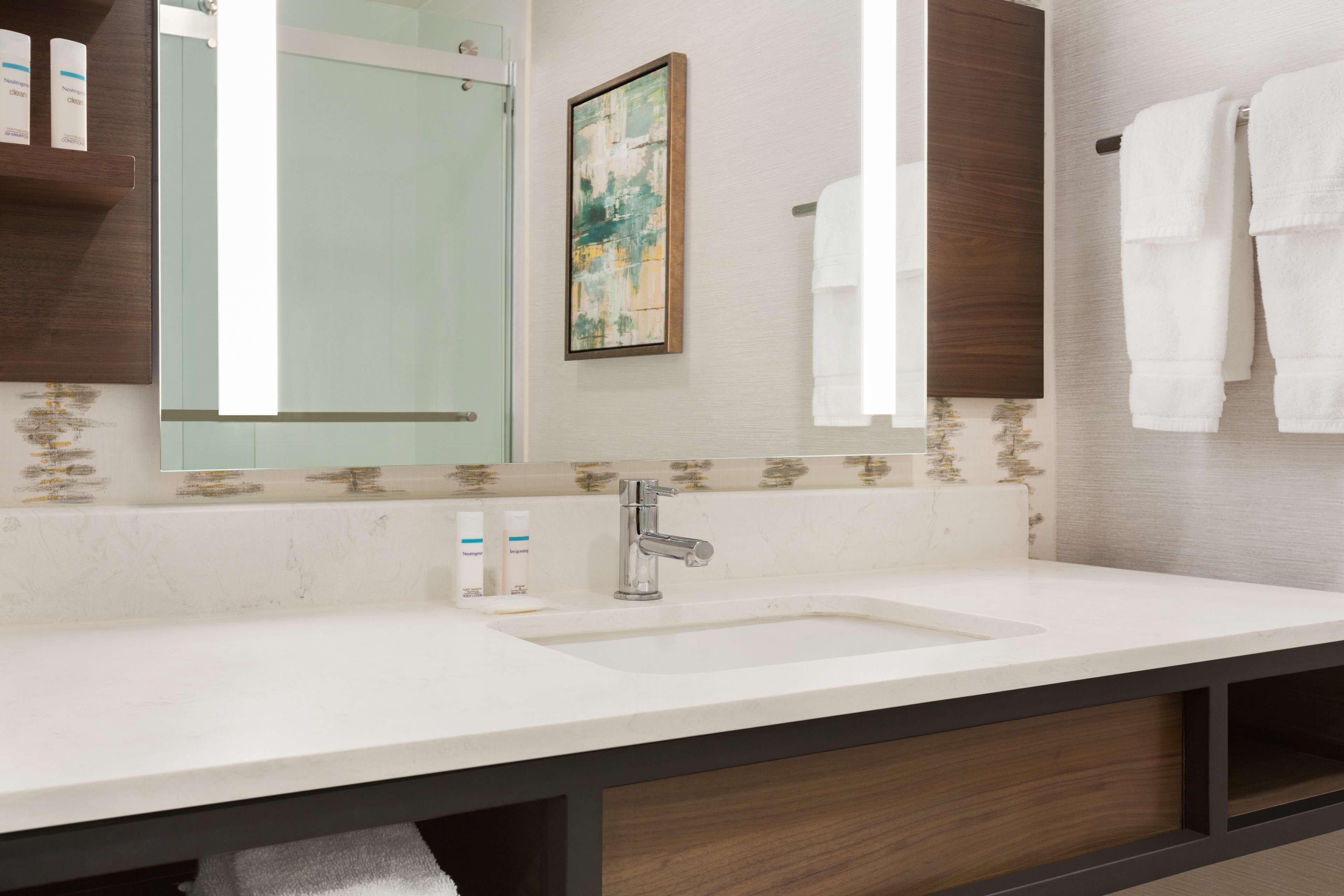 combined shower/bathtub, free toiletries, hair dryer, towels