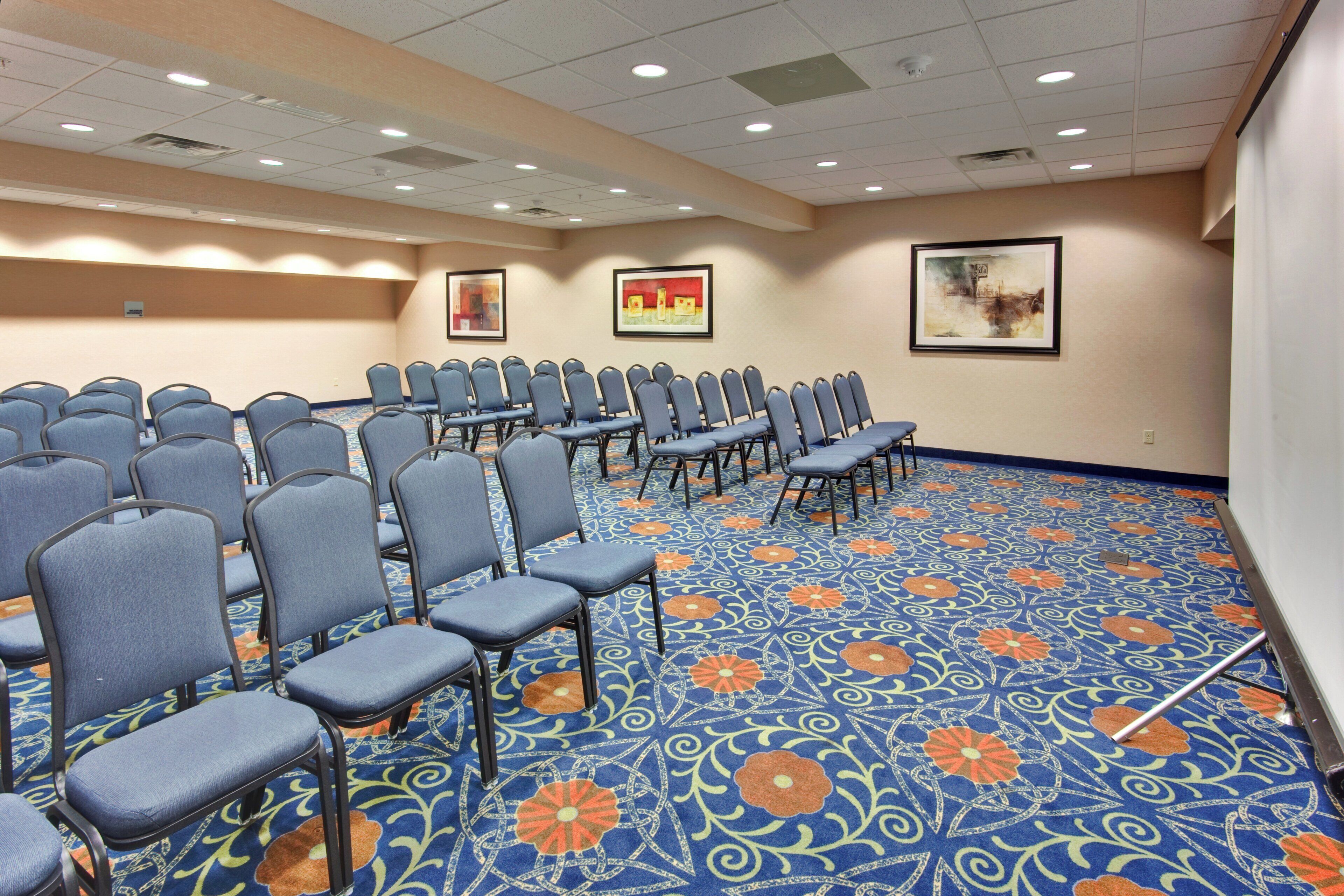 A conference room with rows of chairs, a patterned carpet, and framed artwork on the walls.