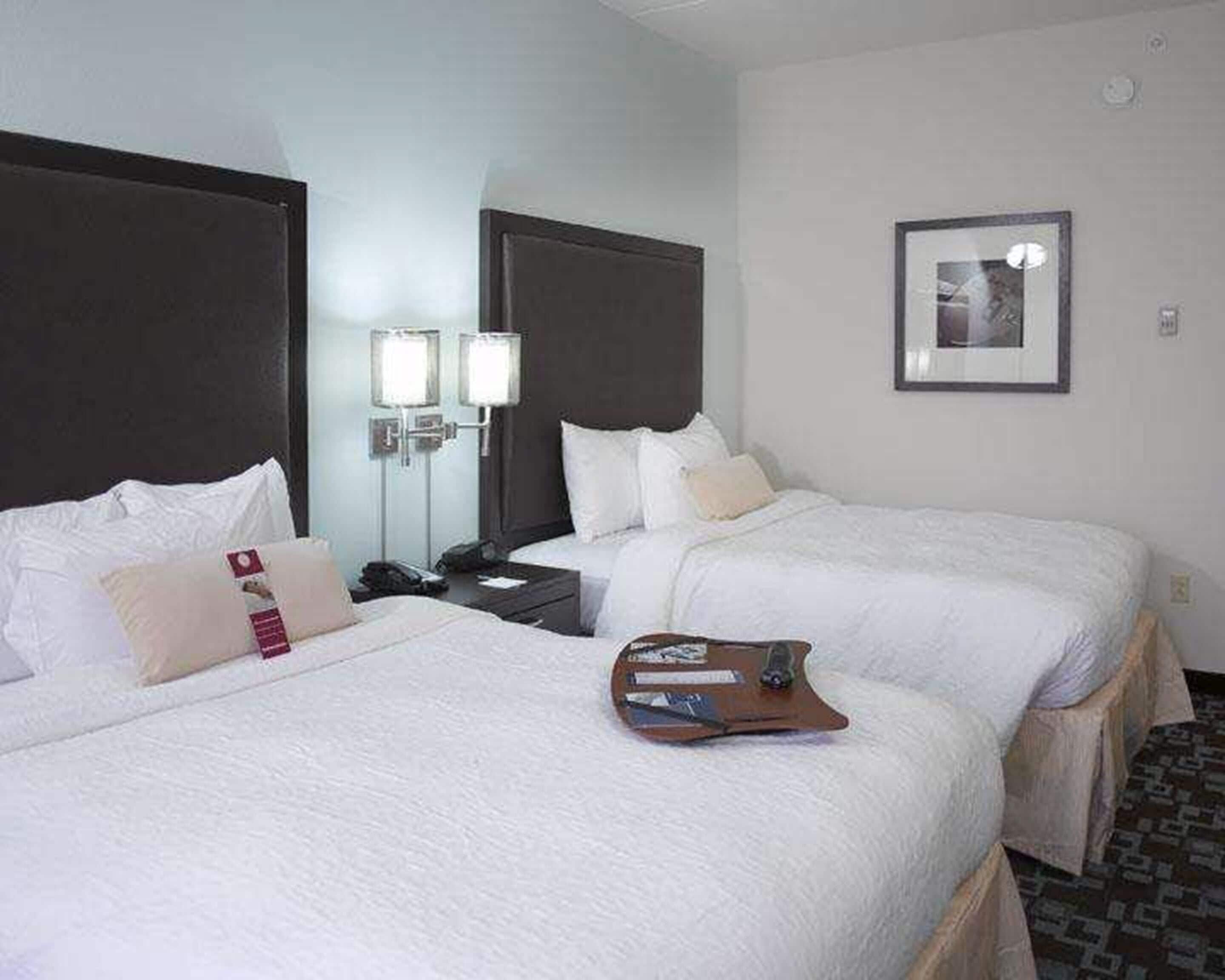 A hotel room with two beds, a nightstand, a lamp, and a framed picture on the wall.
