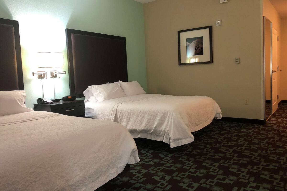 A hotel room with two beds, a nightstand with a phone and remote, a framed picture on the wall, and a patterned carpet.