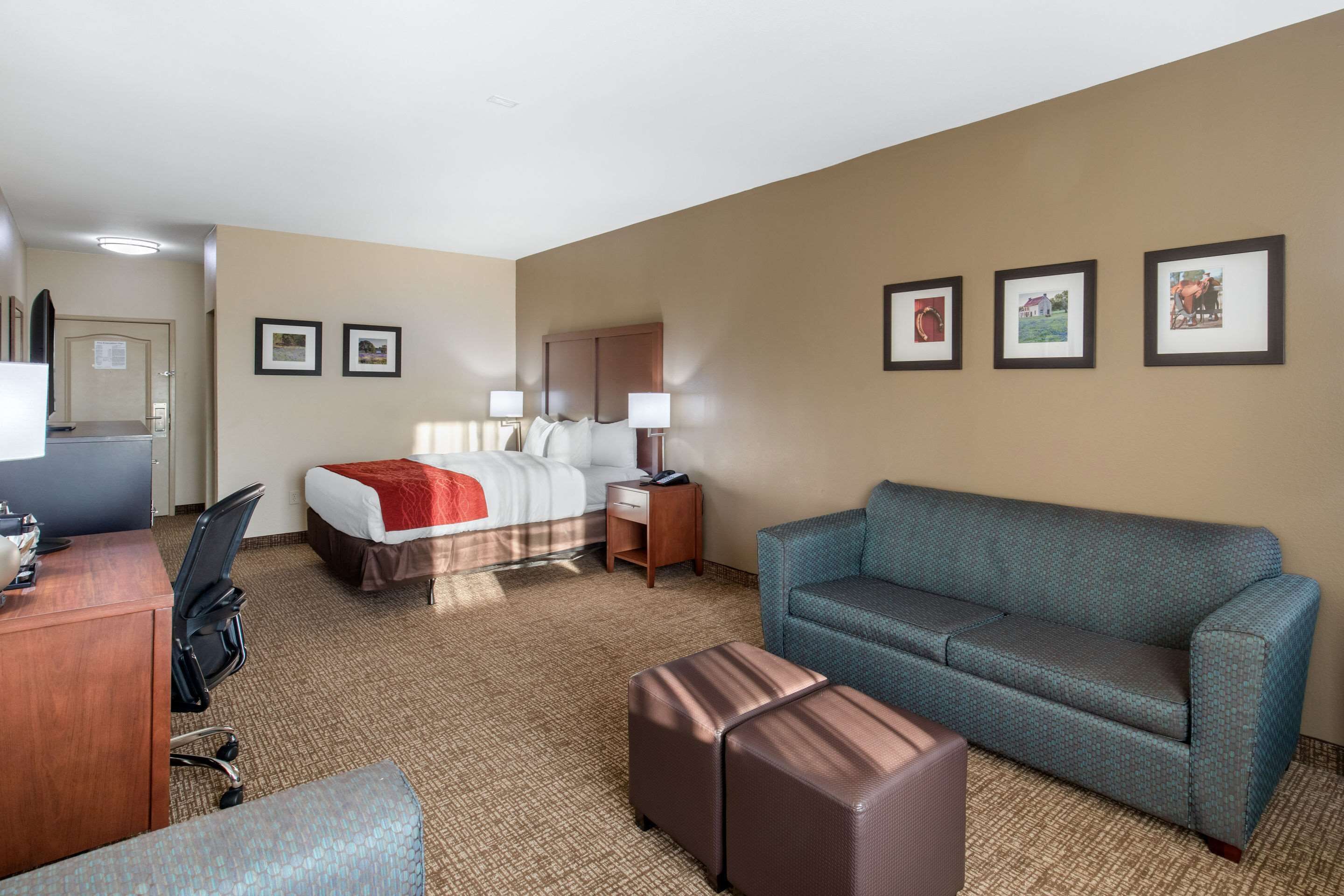 Quarto de hotel com uma cama, uma escrivaninha, uma cadeira, um sofá, uma mesinha e uma mesadade.