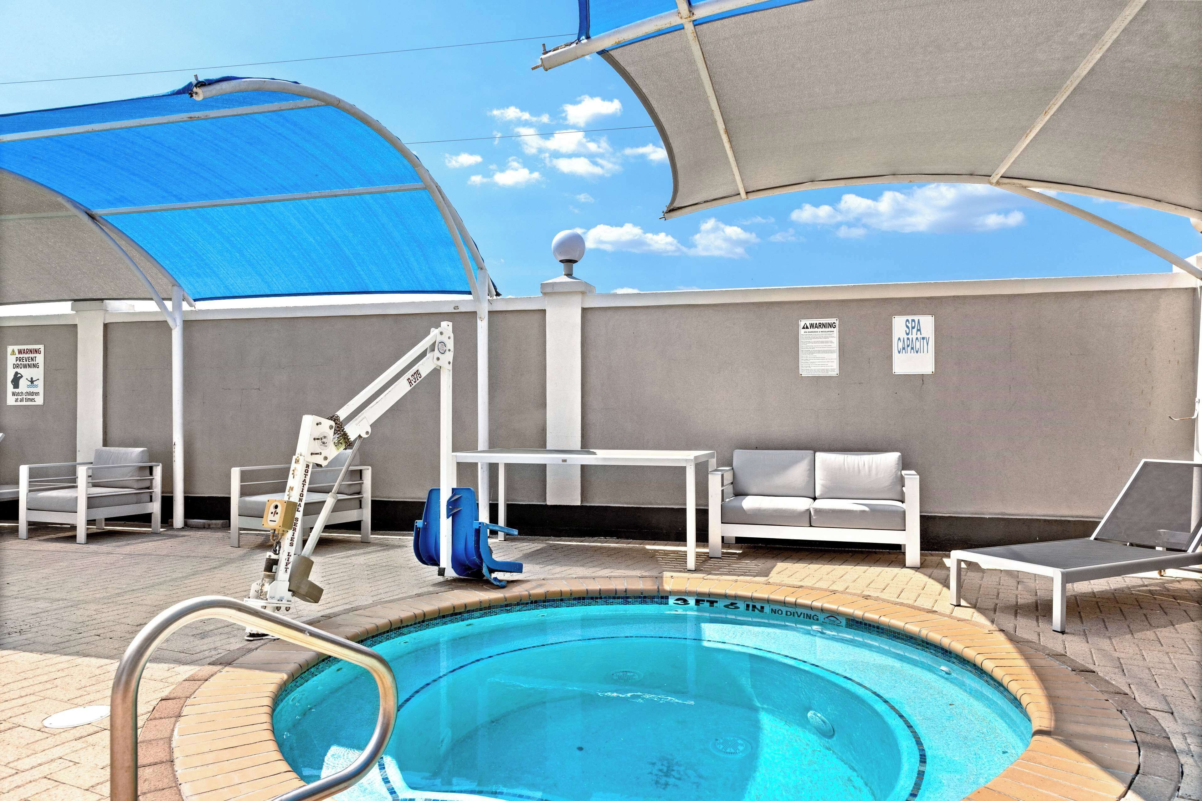 Une piscine avec un plongeoir, des chaises longues et un espace abrité sous une tonnelle bleue.