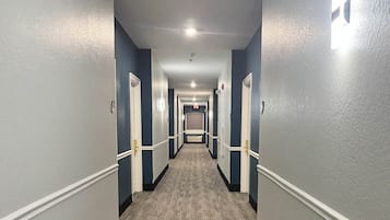 A corridor with doors on both sides, carpeted floor, and a light fixture on the ceiling.