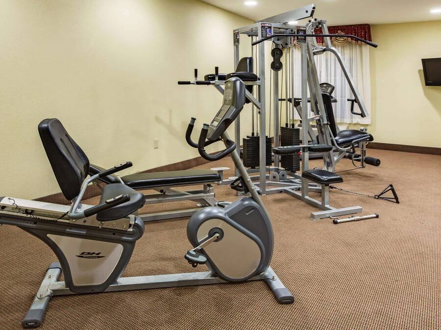 Un gimnasio con diversas máquinas de ejercicio, un televisor montado en la pared y suelo cubierto de alfombra.