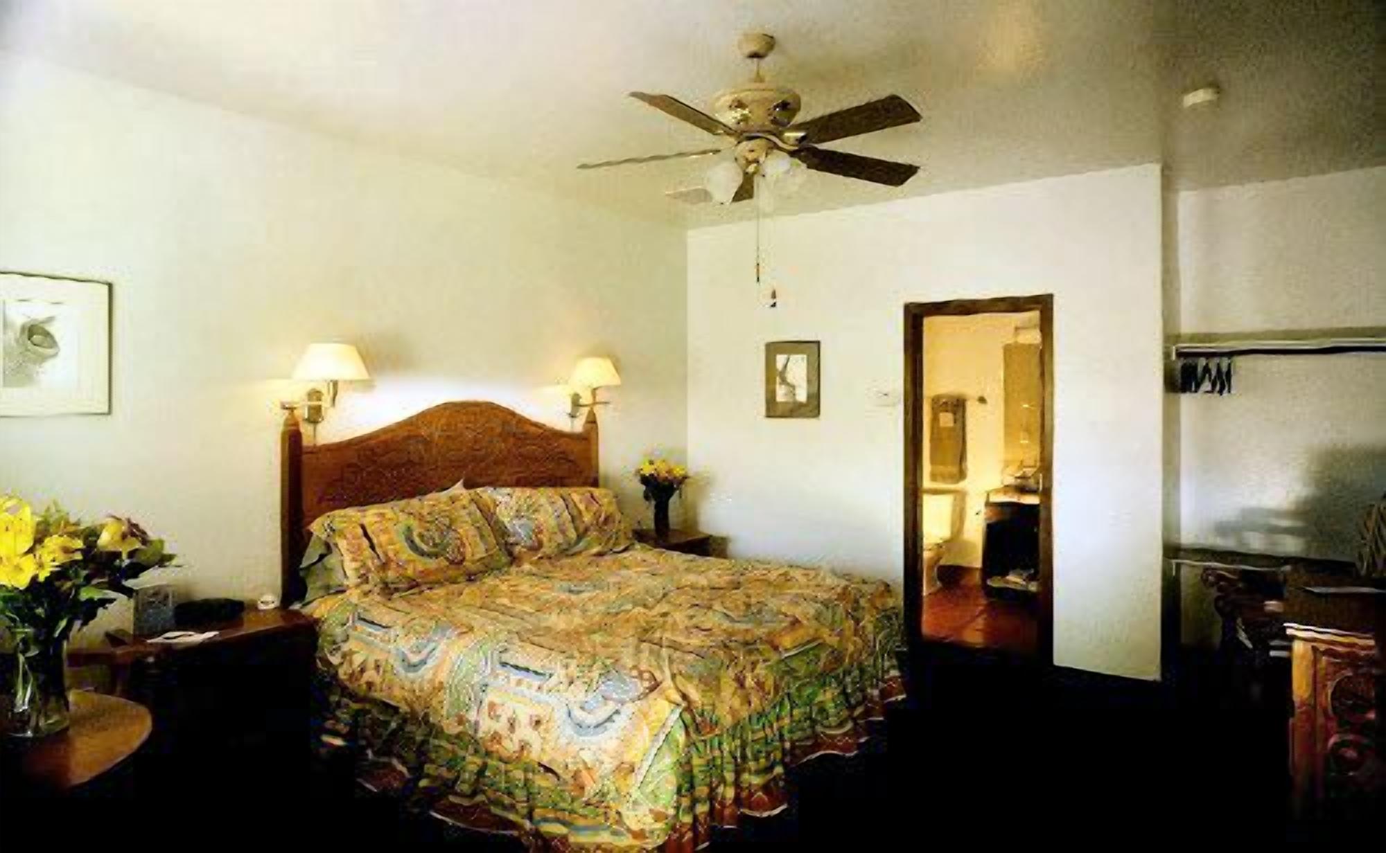 A bedroom with a bed, two bedside lamps, a ceiling fan, a framed picture on the wall, and a mirror on the door.