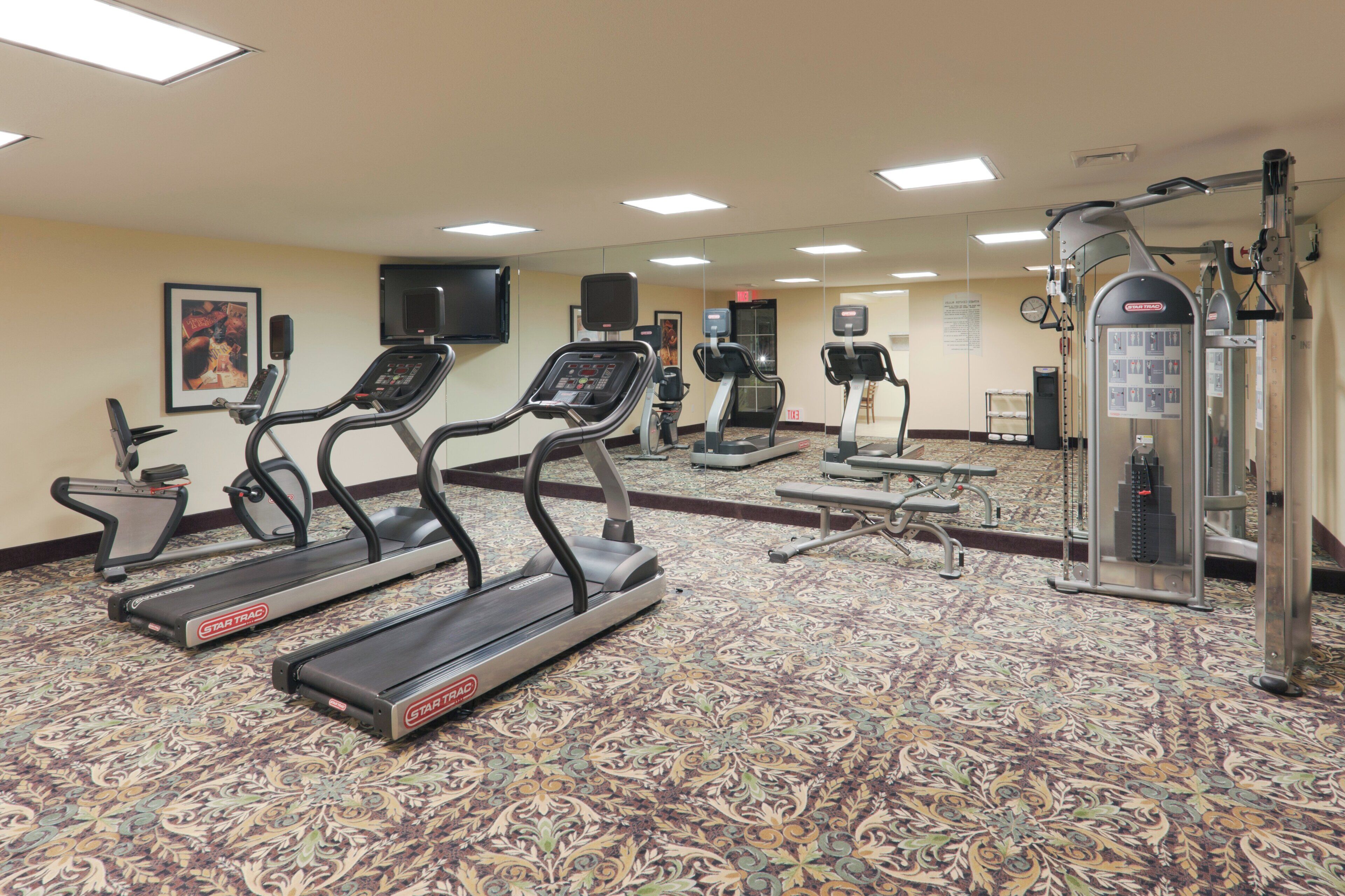 A fitness center with treadmills, a weight machine, and a mirrored wall.