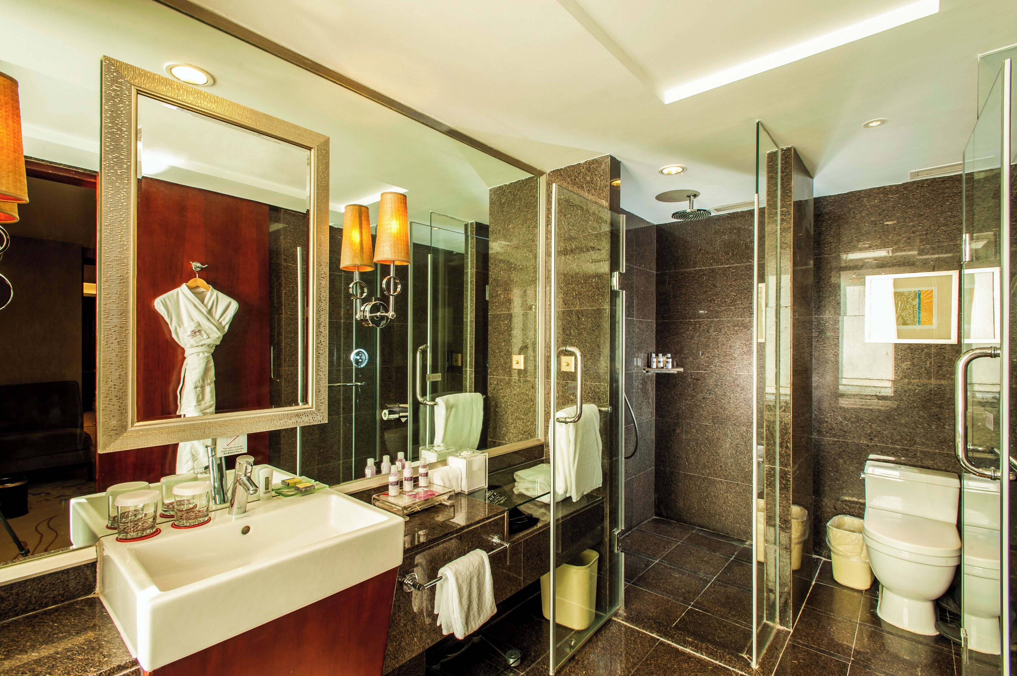 A modern bathroom with a large mirror, a sink, a glass shower enclosure, and a toilet.