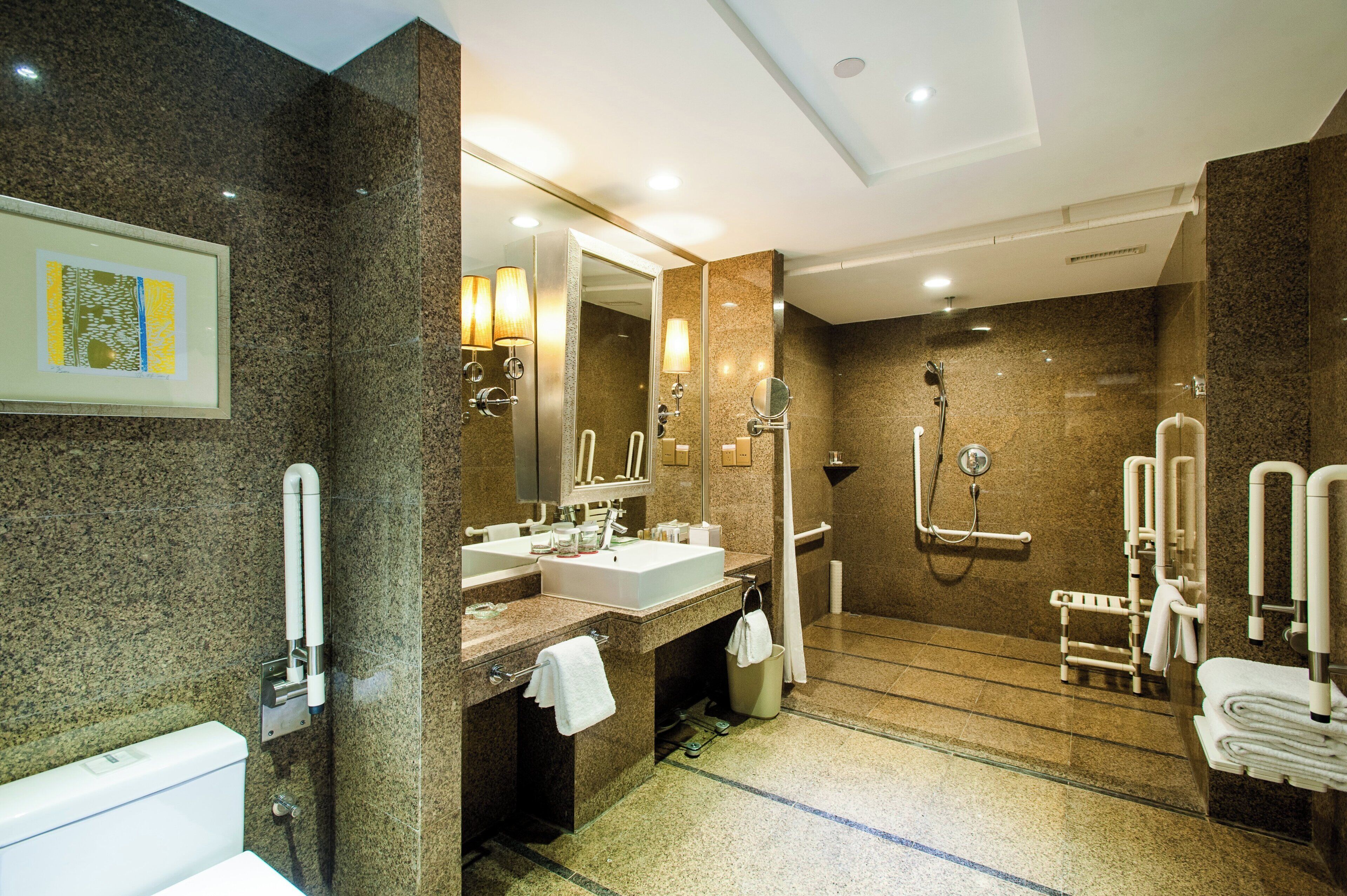 A modern bathroom with a granite countertop, a large mirror, a shower with a handheld showerhead, and a toilet.