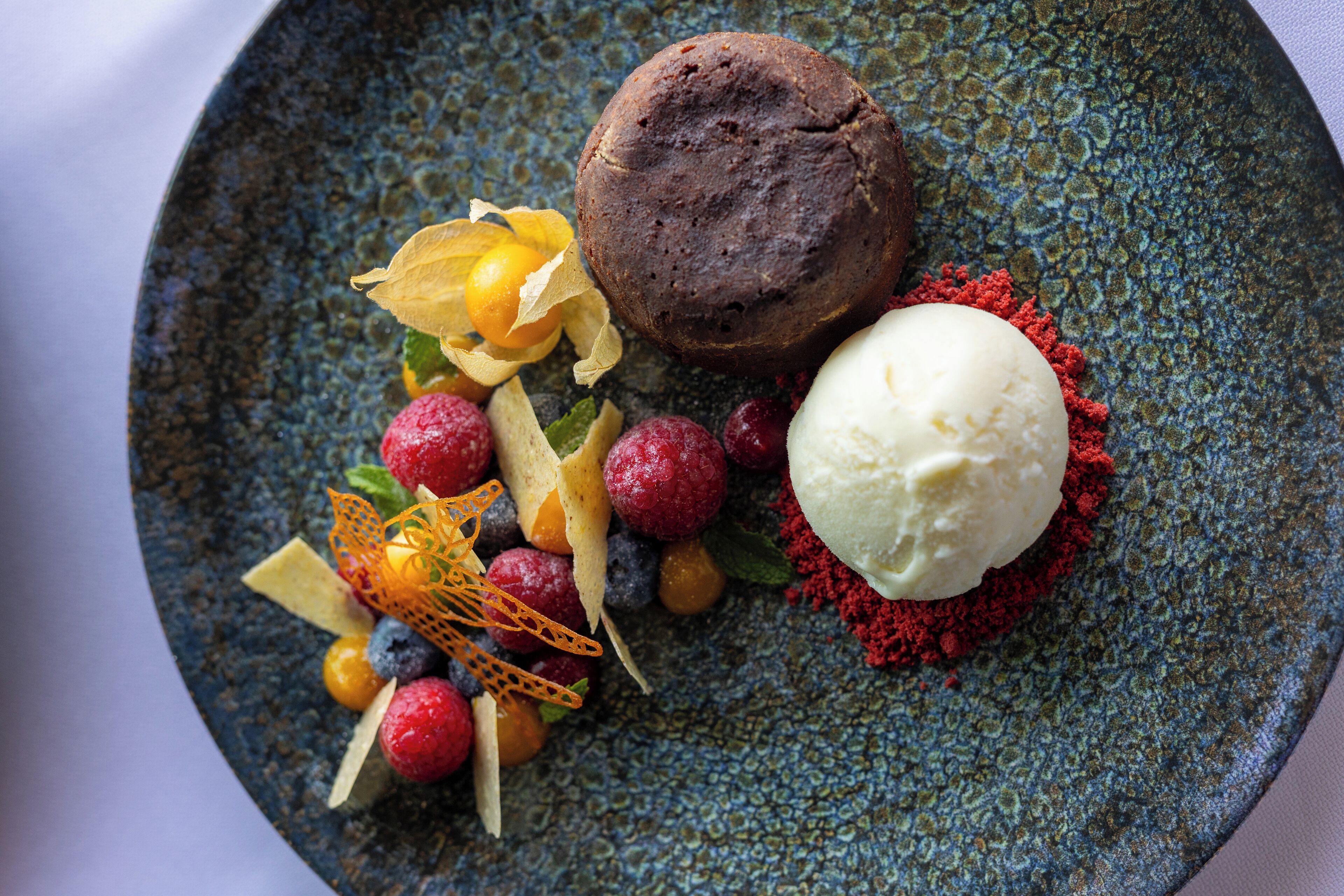 A dessert plate with a chocolate cake, ice cream, and assorted berries and fruit garnishes.