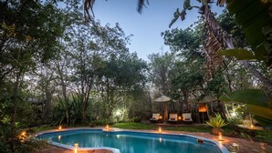 A swimming pool surrounded by lush greenery, with a gazebo and lounge chairs in the background. - Taita Falcon Lodge (Livingstone)