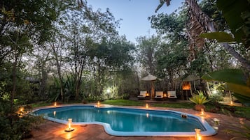 Alberca al aire libre, sombrillas en la alberca y camastros