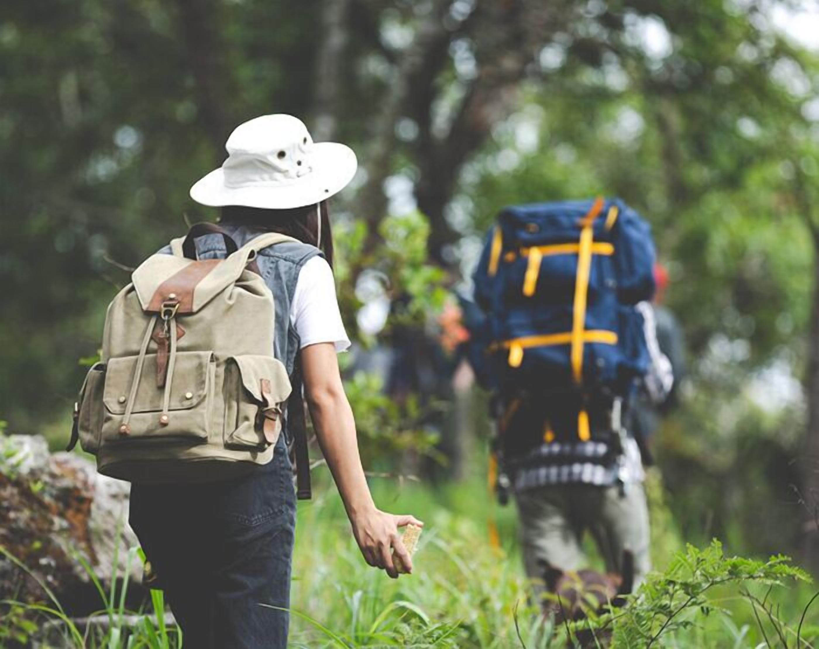 Two hikers in a forested area, one with a beige backpack and the other with a blue backpack.