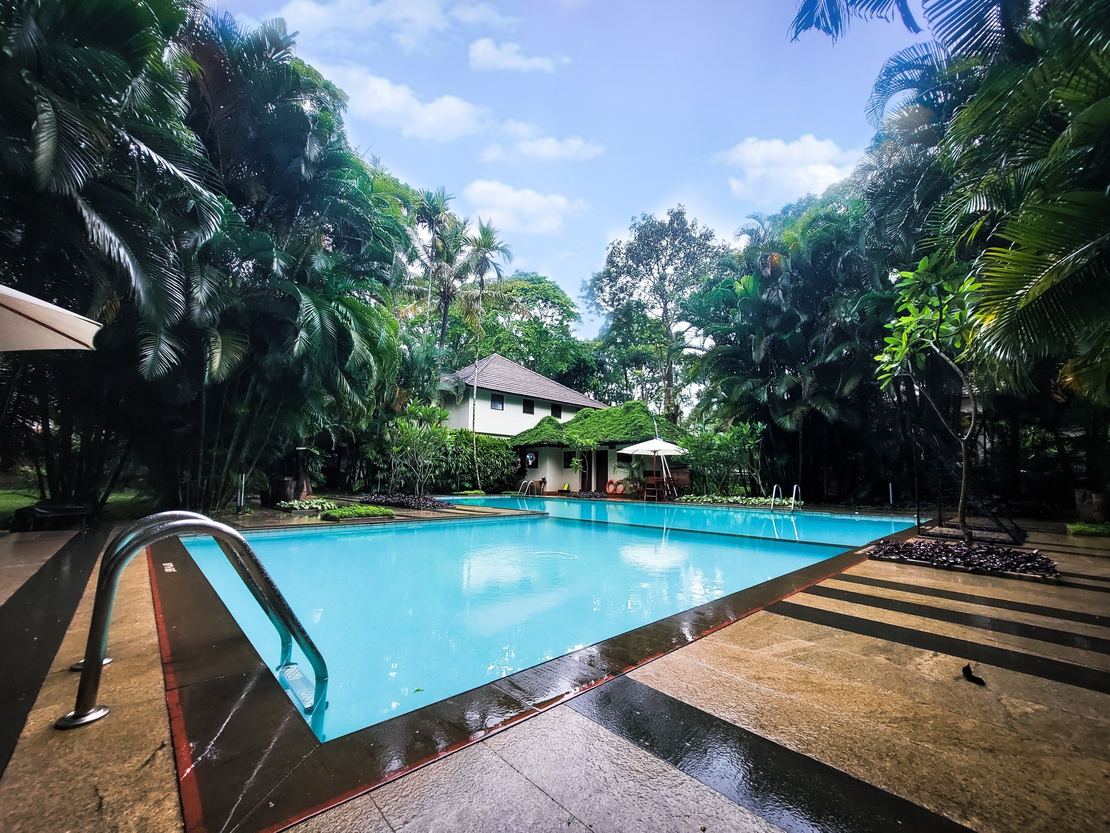 A swimming pool surrounded by lush greenery and a small building with a tiled roof.