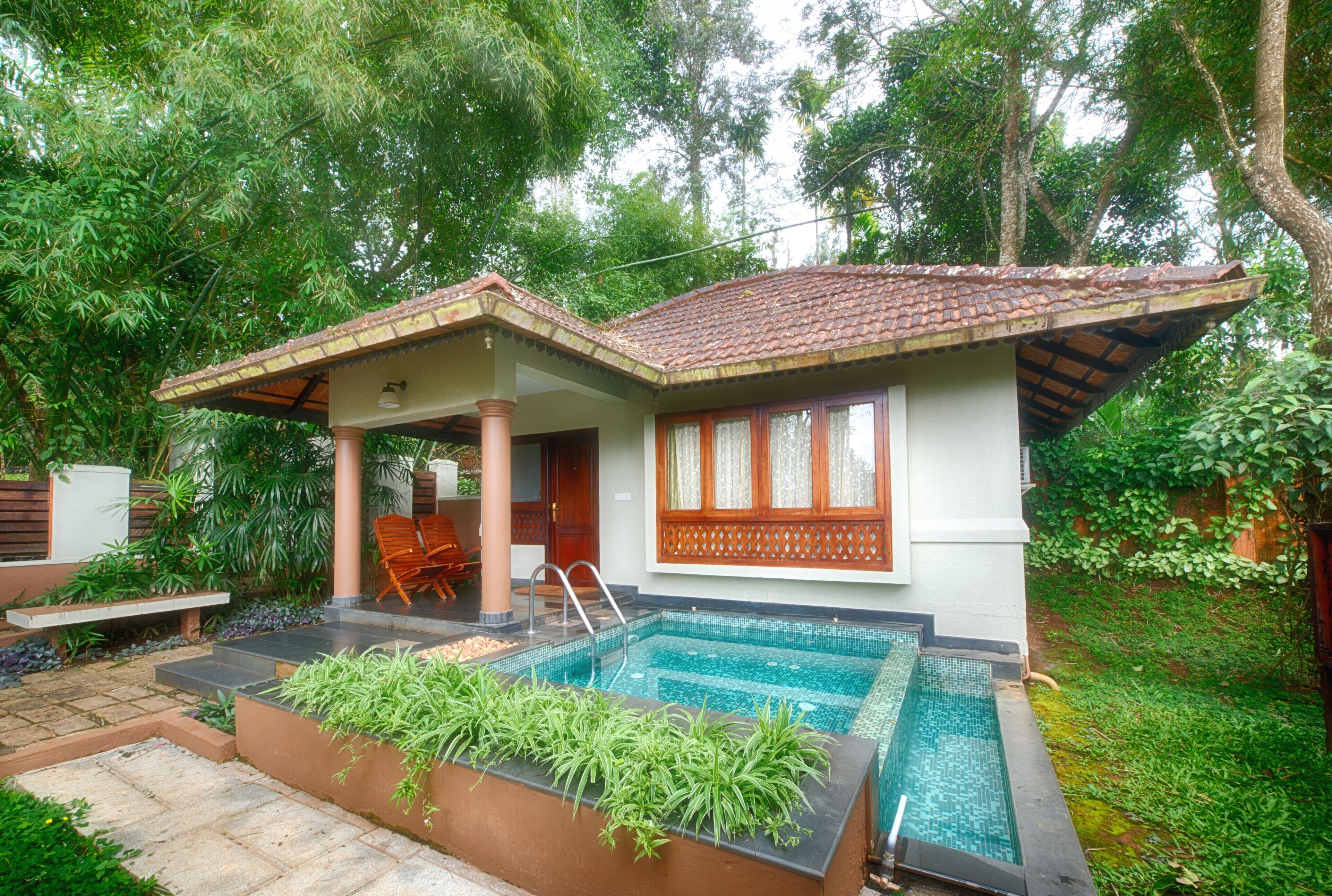 A house with a swimming pool, a covered patio, and lush greenery.